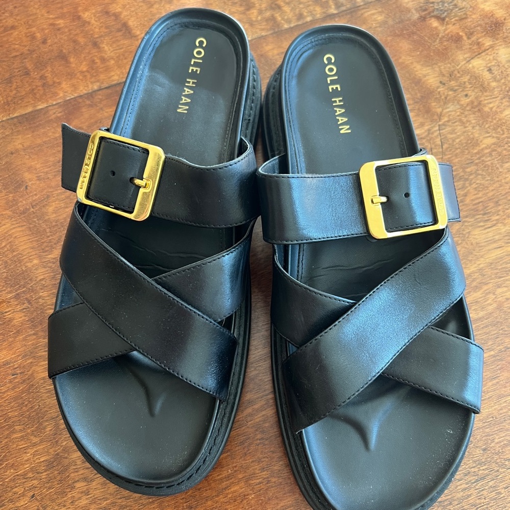 Cole Haan Black Sandals with Gold Buckle